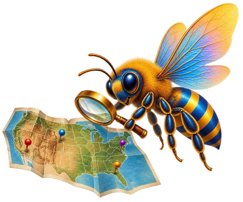 ZipID bee examining a map of the United States with a magnifying glass