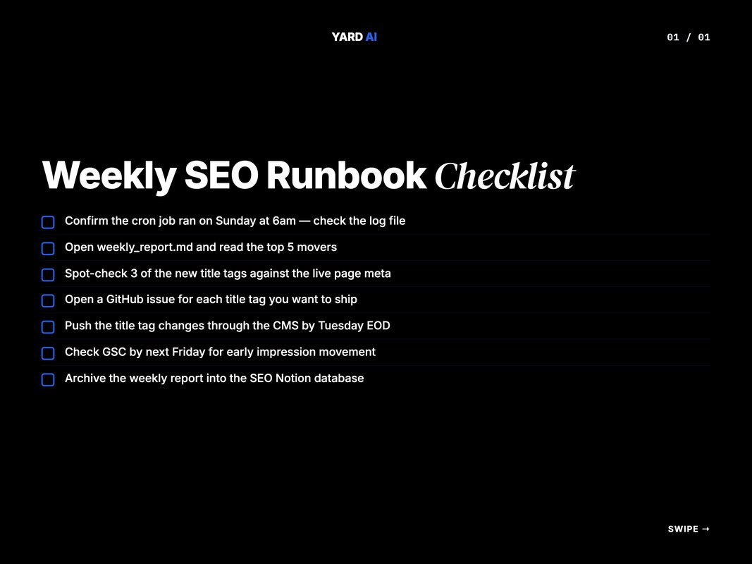 Weekly runbook checklist rendered as a clean dark-mode card with seven boxes