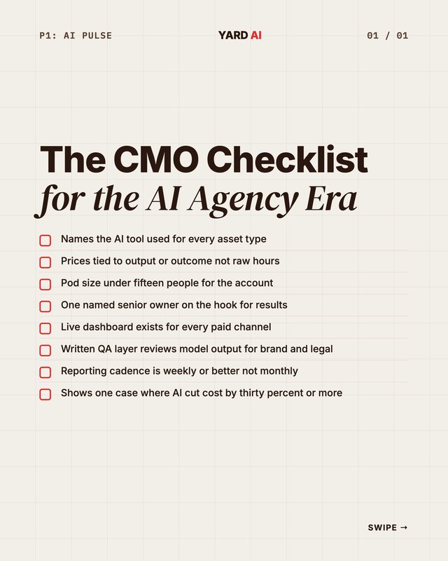 Eight-item CMO checklist for vetting an AI-first agency before signing a new contract