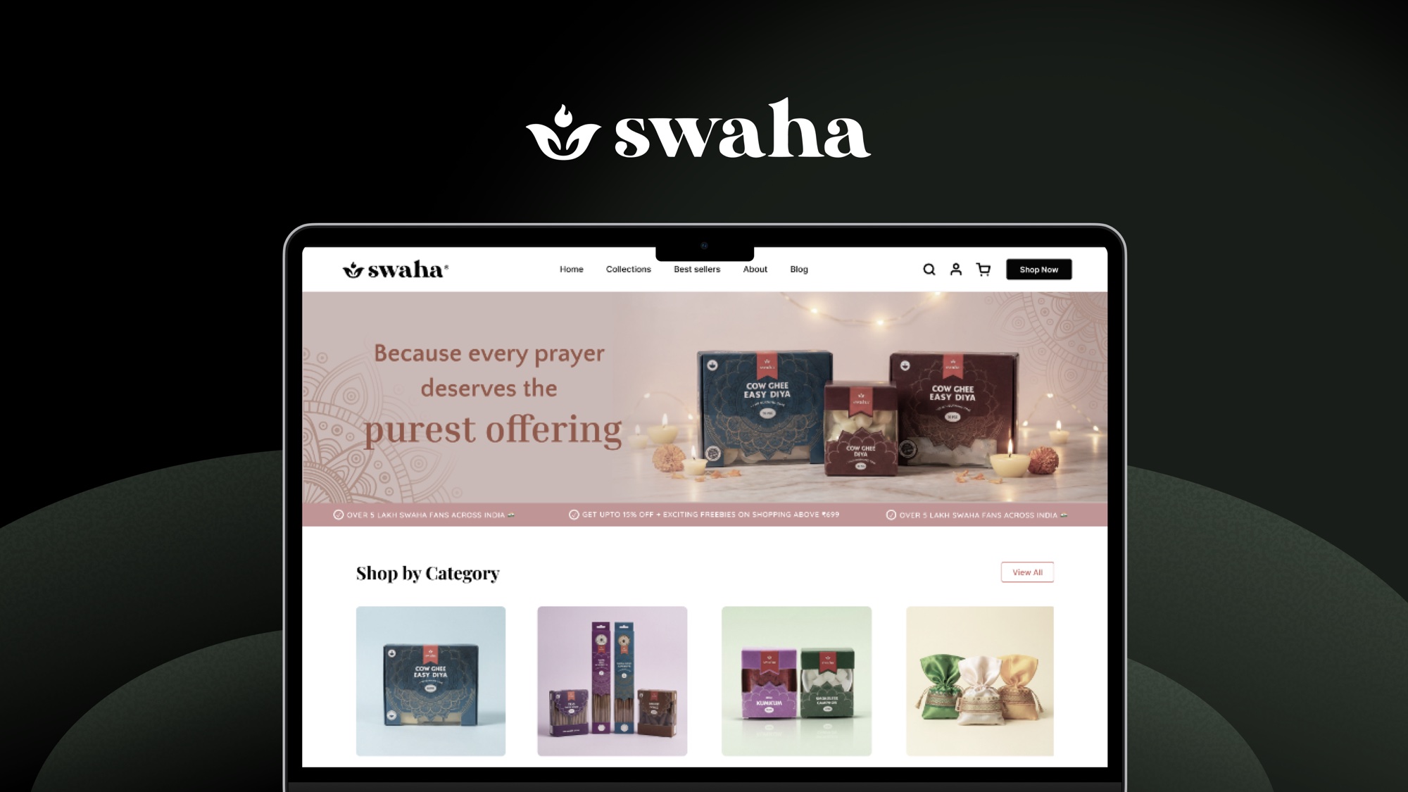Cinematic Swaha puja thali — brass diya, marigold petals, single warm flame on charcoal backdrop