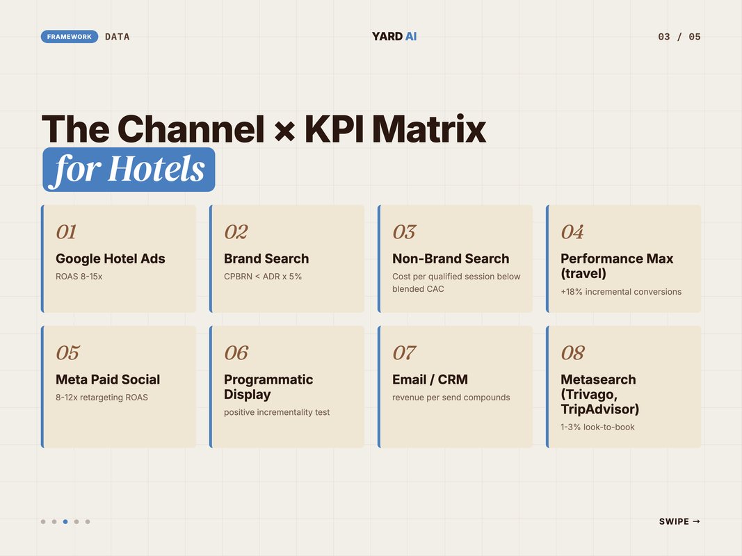 Channel-by-KPI matrix showing primary metric per hotel marketing channel