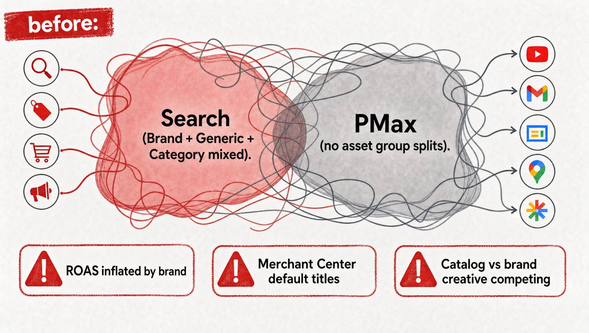Before-state campaign map showing fragmented account structure