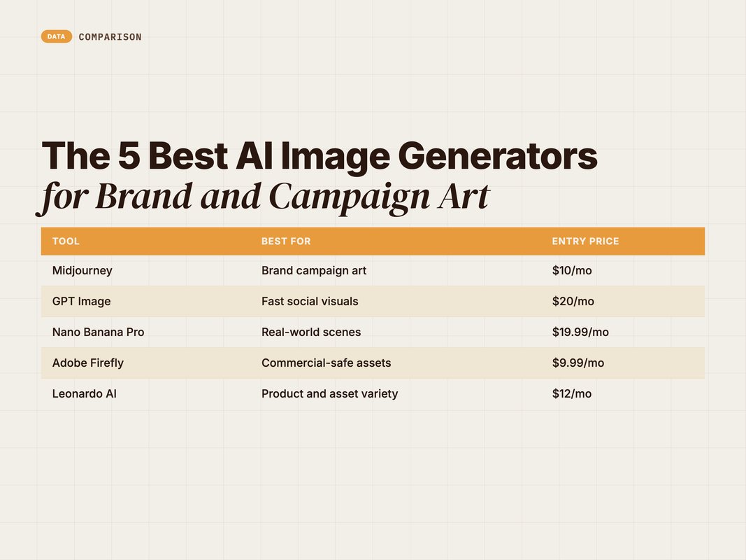 Comparison of five AI image generators for brand and campaign marketing art