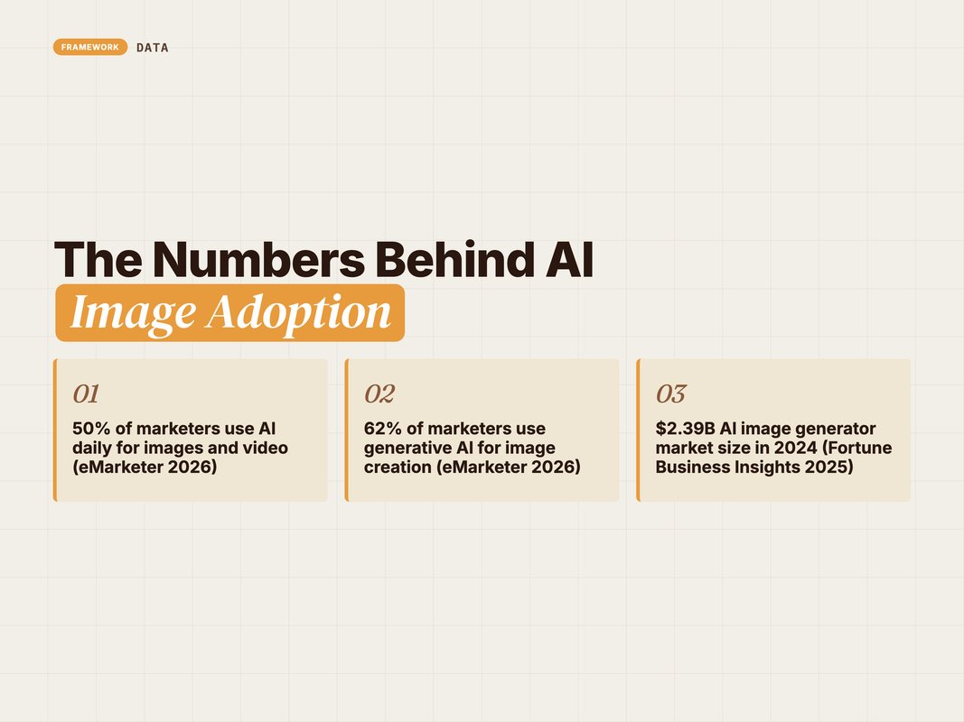 Infographic of AI image generation adoption stats among marketers in 2026