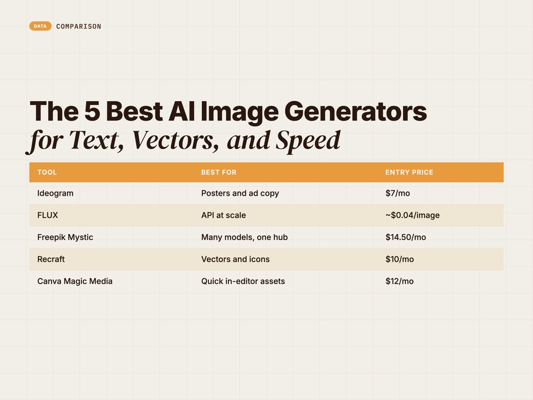 Comparison of five AI image generators for text, vector, and fast marketing assets