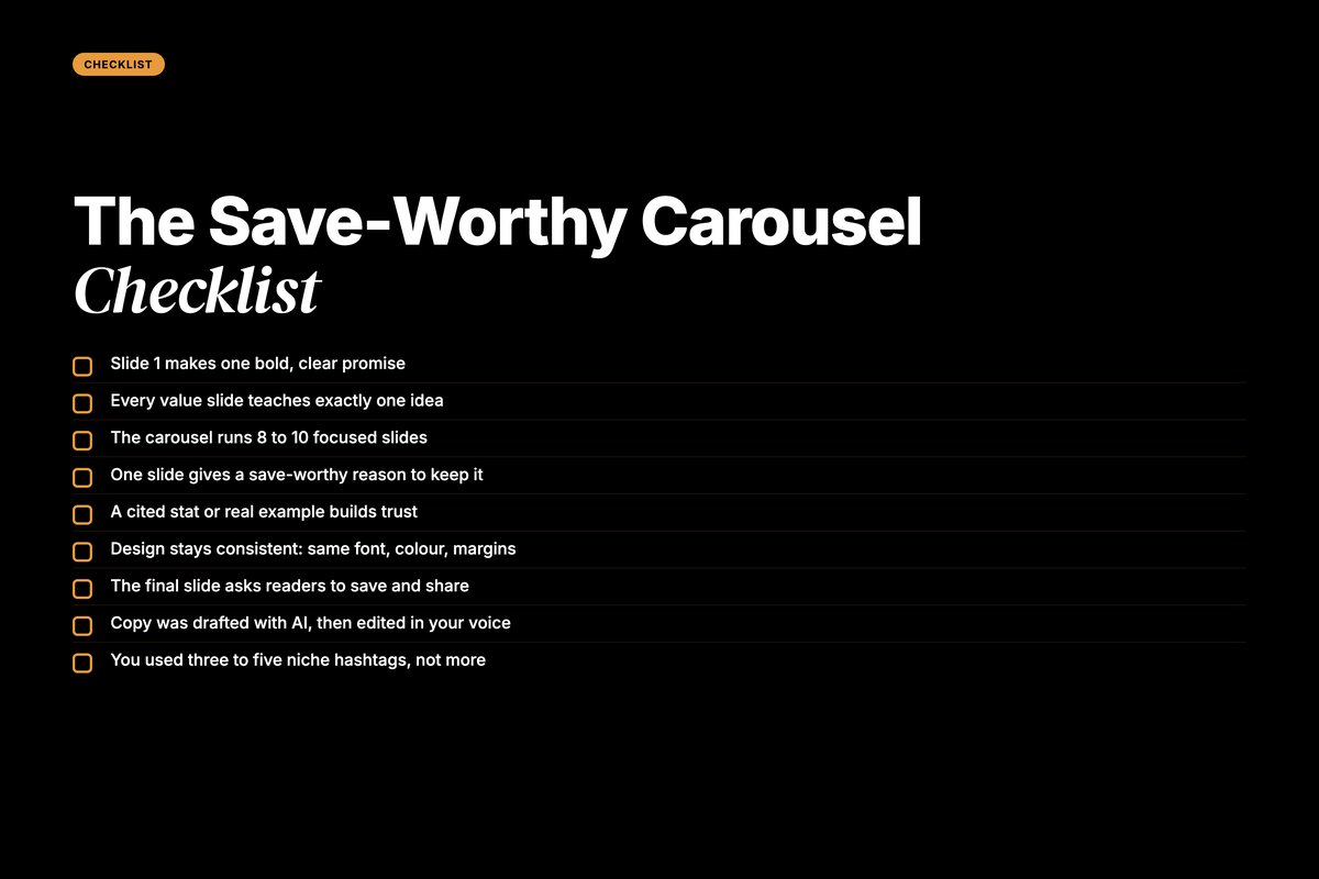 Editorial checklist of save-worthy carousel steps from hook clarity to save-and-share CTA