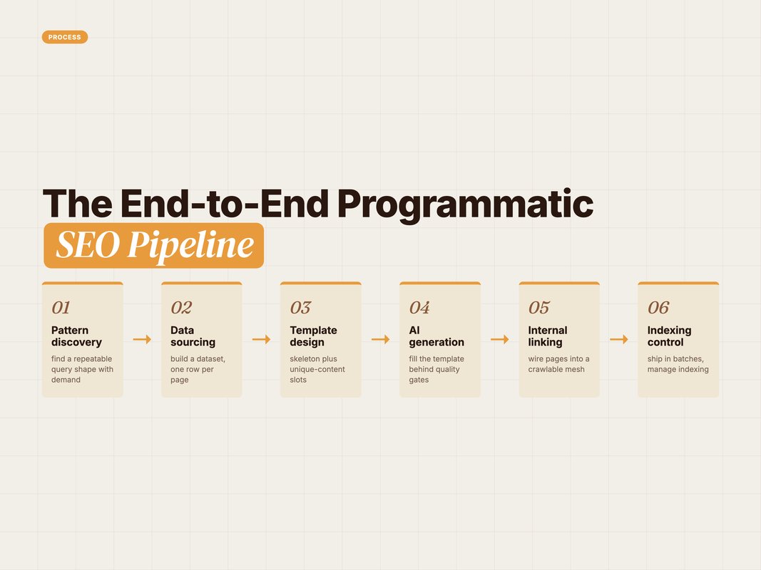 Six-stage programmatic SEO pipeline from pattern discovery to indexing