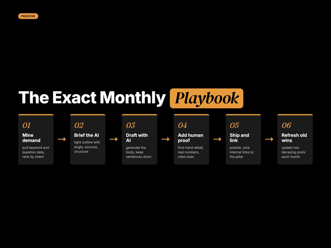 Process flow of the six-step monthly AI content playbook