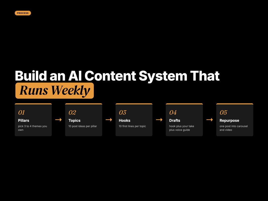 Process flow of a five-stage AI LinkedIn content system from pillars to repurposing
