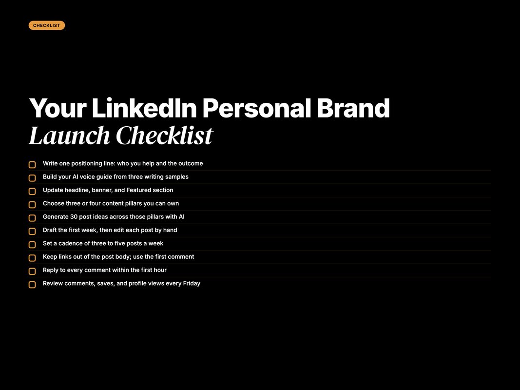 Checklist graphic for launching an AI-assisted LinkedIn personal brand