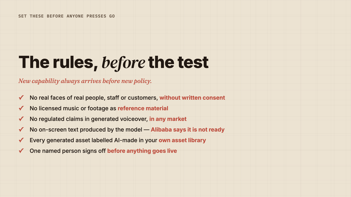 Six guardrails to agree before testing: no real faces of real people, staff or customers without written consent; no licensed music or footage as reference material; no regulated claims in generated voiceover in any market; no on-screen text produced by the model until it improves; every generated asset labelled as AI-made in your own asset library; and one named person signs off before anything goes live.