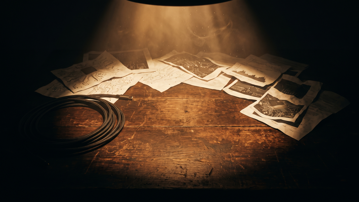 A dark desk lit by a single pool of warm light, printed charts and a coiled cable scattered across it, everything beyond the light falling into shadow.