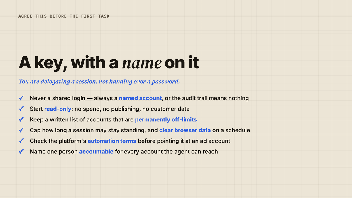 Six rules to agree before letting an agent work behind a login: never use a shared login, always a named account so the audit trail means something; start read-only, with no spend, no publishing and no customer data; keep a written list of accounts that are permanently off-limits; set a limit on how long a session may stay standing, and clear browser data on a schedule; check the platform's automation terms before pointing an agent at an ad account; and name one person accountable for every account the agent can reach.