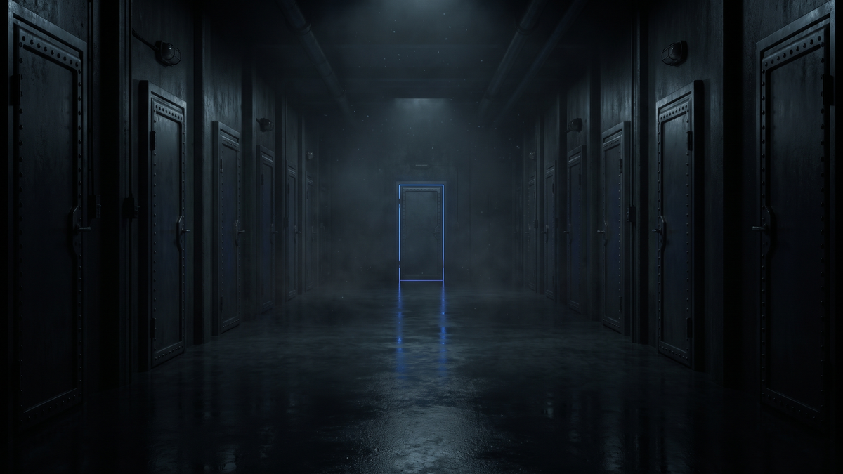 A long dark corridor lined with many identical closed steel doors, one far down the row edged with a thin seam of cold blue light.
