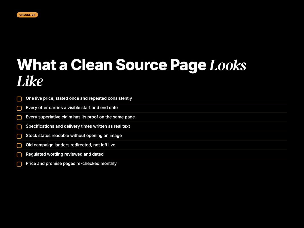 Checklist of what a clean source page needs