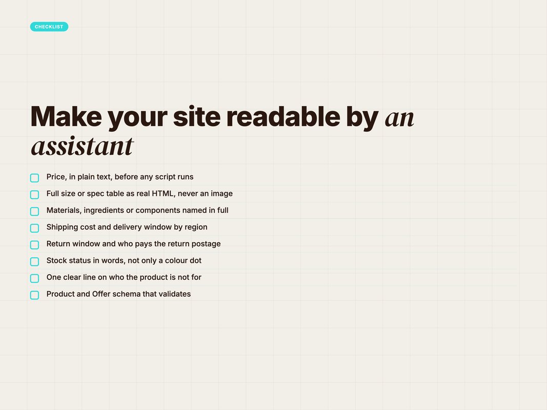 Checklist of the facts every product page must expose in plain text