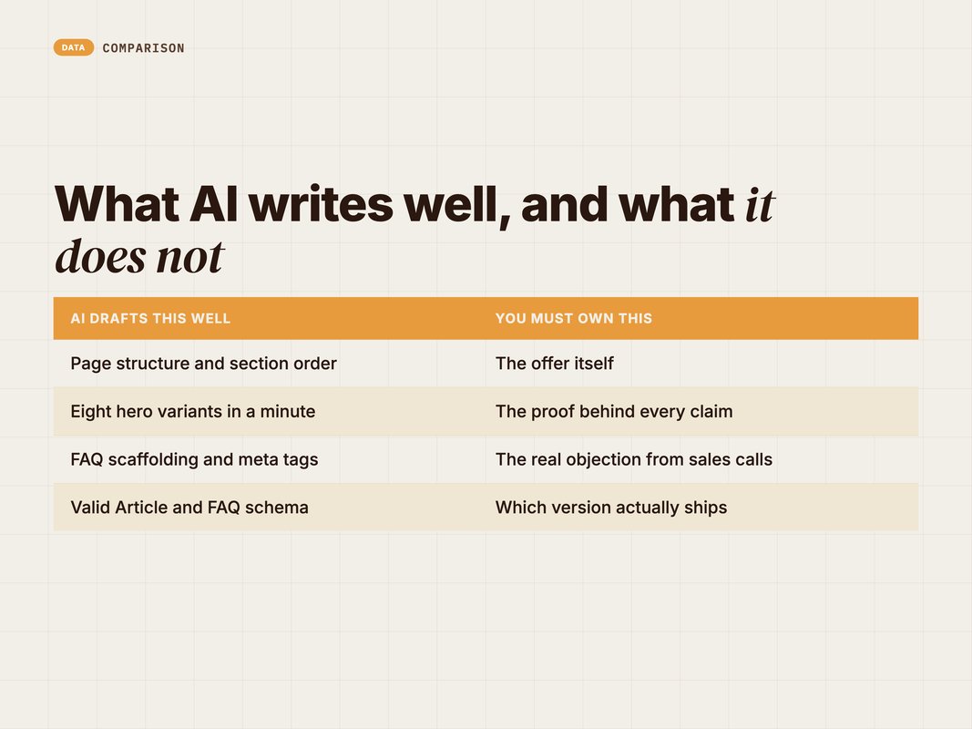 Two-column comparison of what AI drafts well versus what a human must own