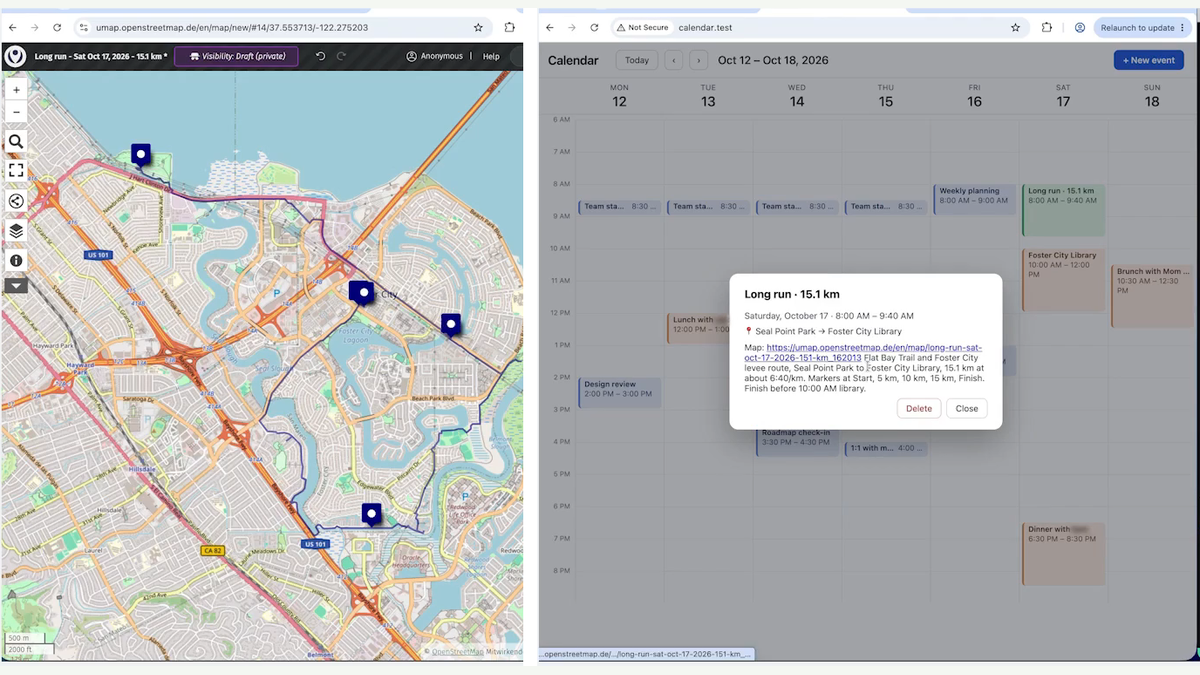 Meta's Saturday Run Planning demo for Muse Wonder. On the left, a map shows a 15.1 kilometre running route marked with pins. On the right, a weekly calendar for 12 to 18 October shows a new event called Long run, 15.1 km, booked for Saturday morning. The model built the route and placed it in the calendar on its own.