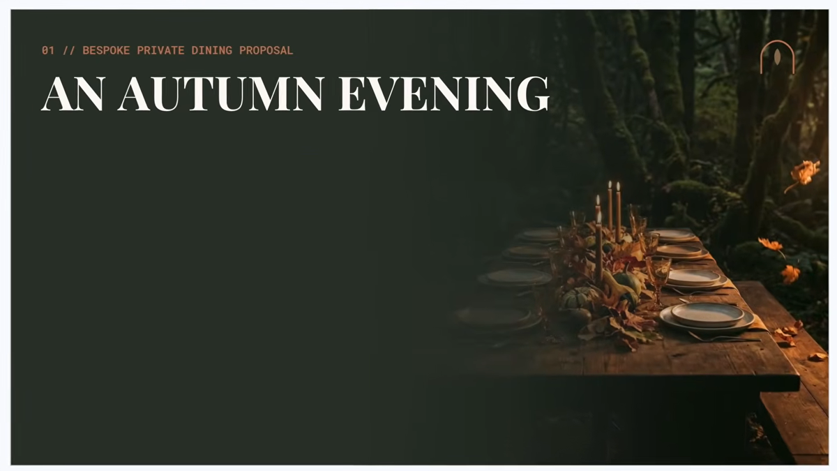 A slide from Google's Gemini 4 Argon demo. The title reads An Autumn Evening, a bespoke private dining proposal, set over a photo of a long wooden table with candles and autumn leaves. Gemini 4 Argon built this deck in Google Slides from a folder of unsorted client notes in Google Drive.