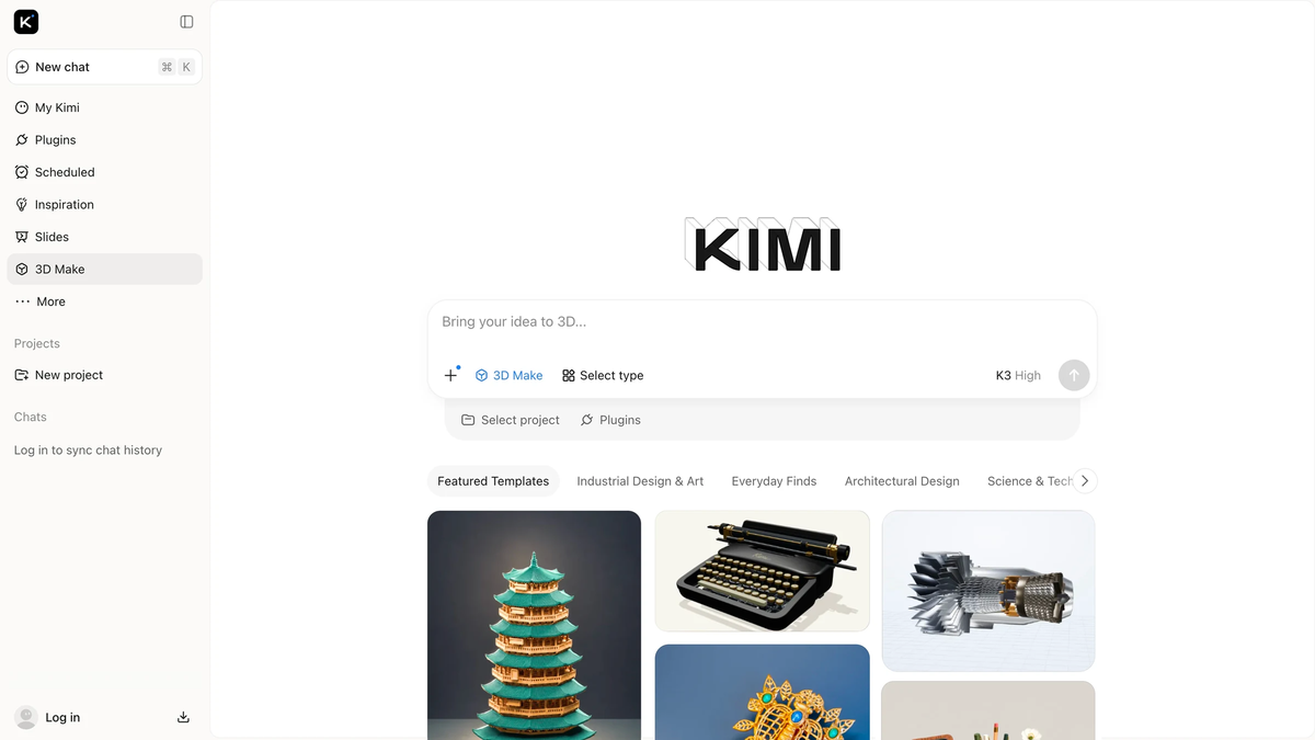 The 3D Make screen in the Kimi app, from Moonshot AI's launch post. A large KIMI logo sits above a prompt box that reads Bring your idea to 3D, with a 3D Make button and a Select type option. Below are featured templates, including a green and gold pagoda, a black typewriter and a jet engine, with tabs for Industrial Design and Art, Everyday Finds and Architectural Design.