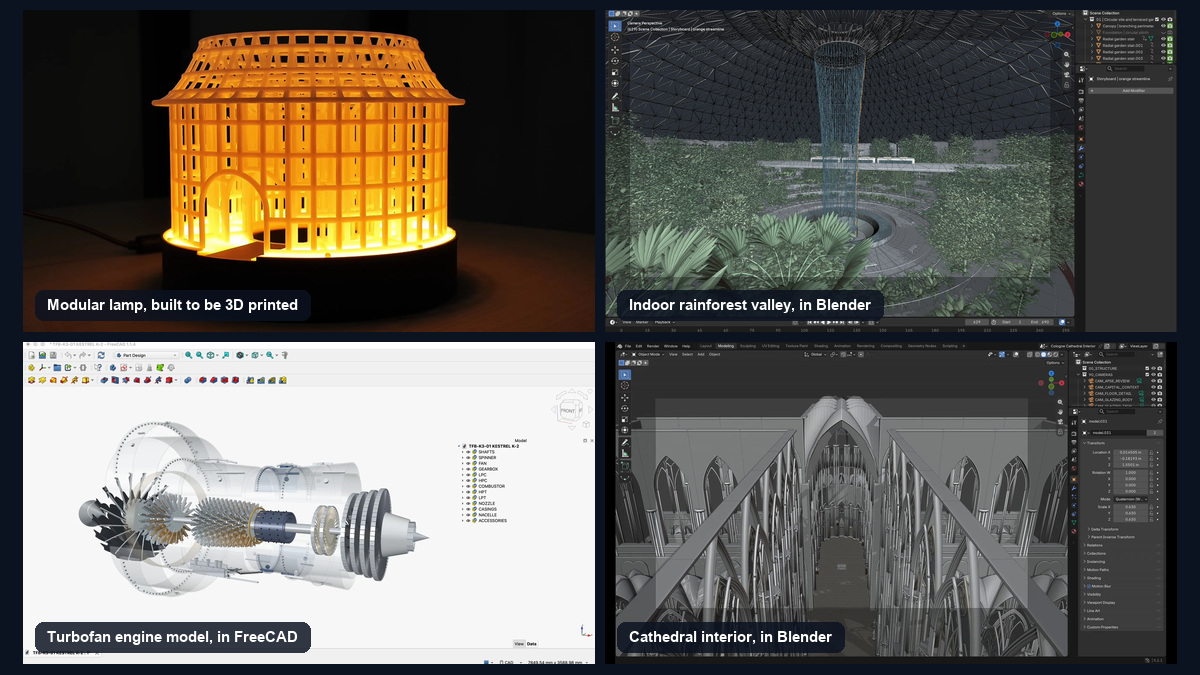 Four 3D examples from Moonshot AI's Kimi K3.1 Pro launch post, from the set it says was made for brand films, games and interactive web experiences. Top left, a glowing orange modular lamp shaped like a round tower, built to be 3D printed. Top right, an indoor rainforest valley with a tall waterfall, shown in the Blender 3D editor. Bottom left, a turbofan jet engine model with its parts laid out, shown in FreeCAD. Bottom right, the inside of a Gothic cathedral, shown in Blender.