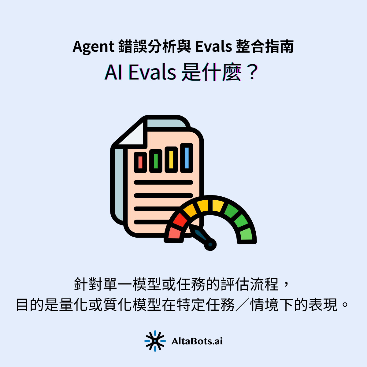 AI Evals:針對單一模型或任務的評估流程,目的是量化或質化模型在特定任務/情境下的表現。常見指標如準確性、偏誤性、困惑度,通常用於模型訓練或微調階段。但 AI Evals 多基於靜態資料集,無法捕捉代理人系統的動態互動。