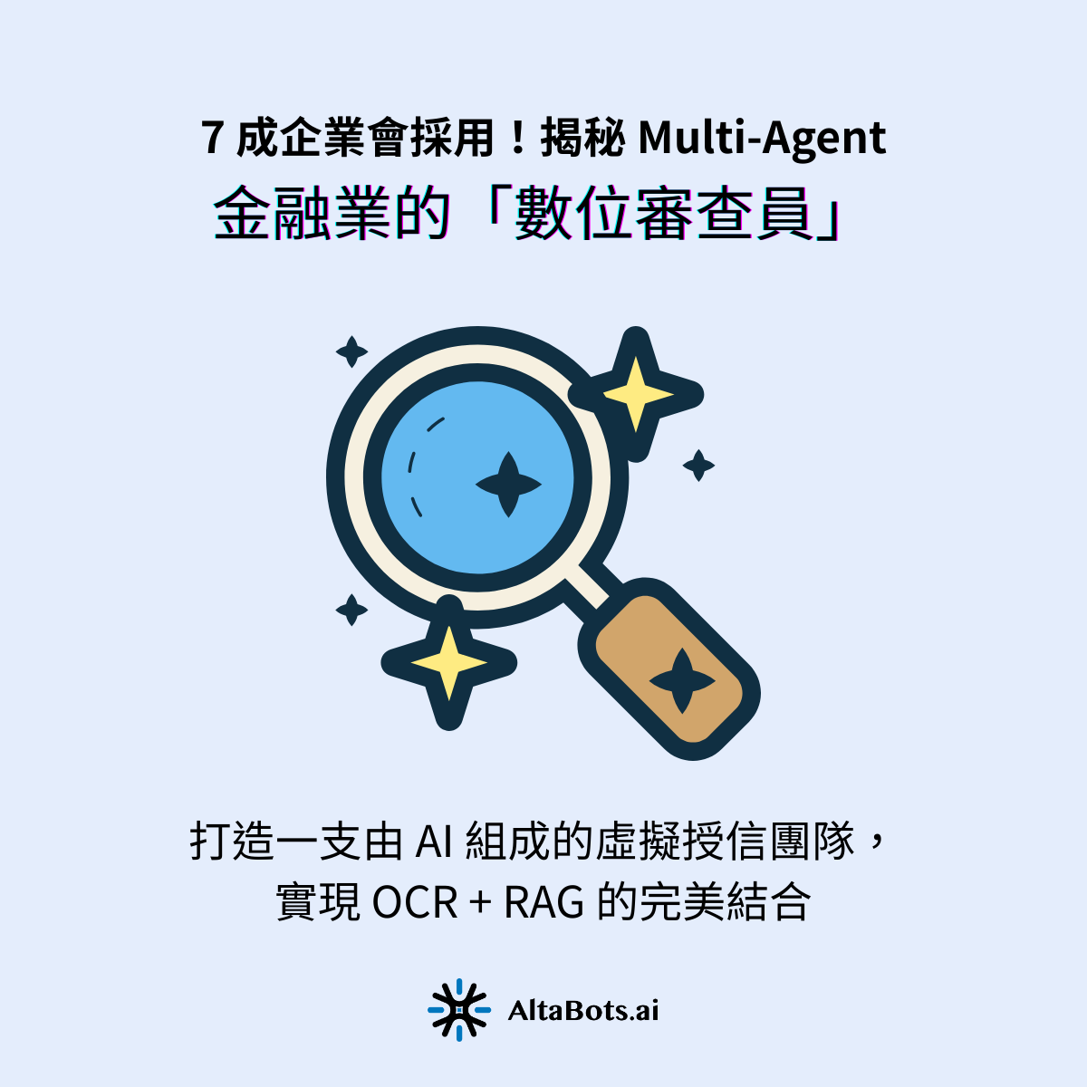 銀行審查企業貸款需查閱大量文件（財報、401 報表）與負面新聞，且需嚴格遵守金管會法規與 ESG 政策。人工審查耗時、標準不一，且面臨資深審查員人力短缺問題。AltaBots.ai 解決方案：打造一支由 AI 組成的虛擬授信團隊，實現 OCR + RAG 的完美結合