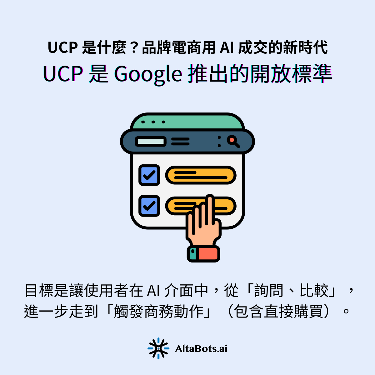 UCP（Universal Commerce Protocol，通用商務通訊協定）是 Google 推出的開放標準，目標是讓使用者在 Google AI Mode 與 Gemini 等 AI 介面中，從「詢問、比較」進一步走到「觸發商務動作」，包含官方提到的 direct purchase（直接購買）方向。對臺灣電商品牌主來說，這意味著：AI 不再只是導流或客服，未來更可能成為新的成交入口。想吃到這波紅利，關鍵往往不是先寫程式，而是先把商品資料、政策、SOP 與跨部門流程做成「可被 AI 理解與執行」的樣子。