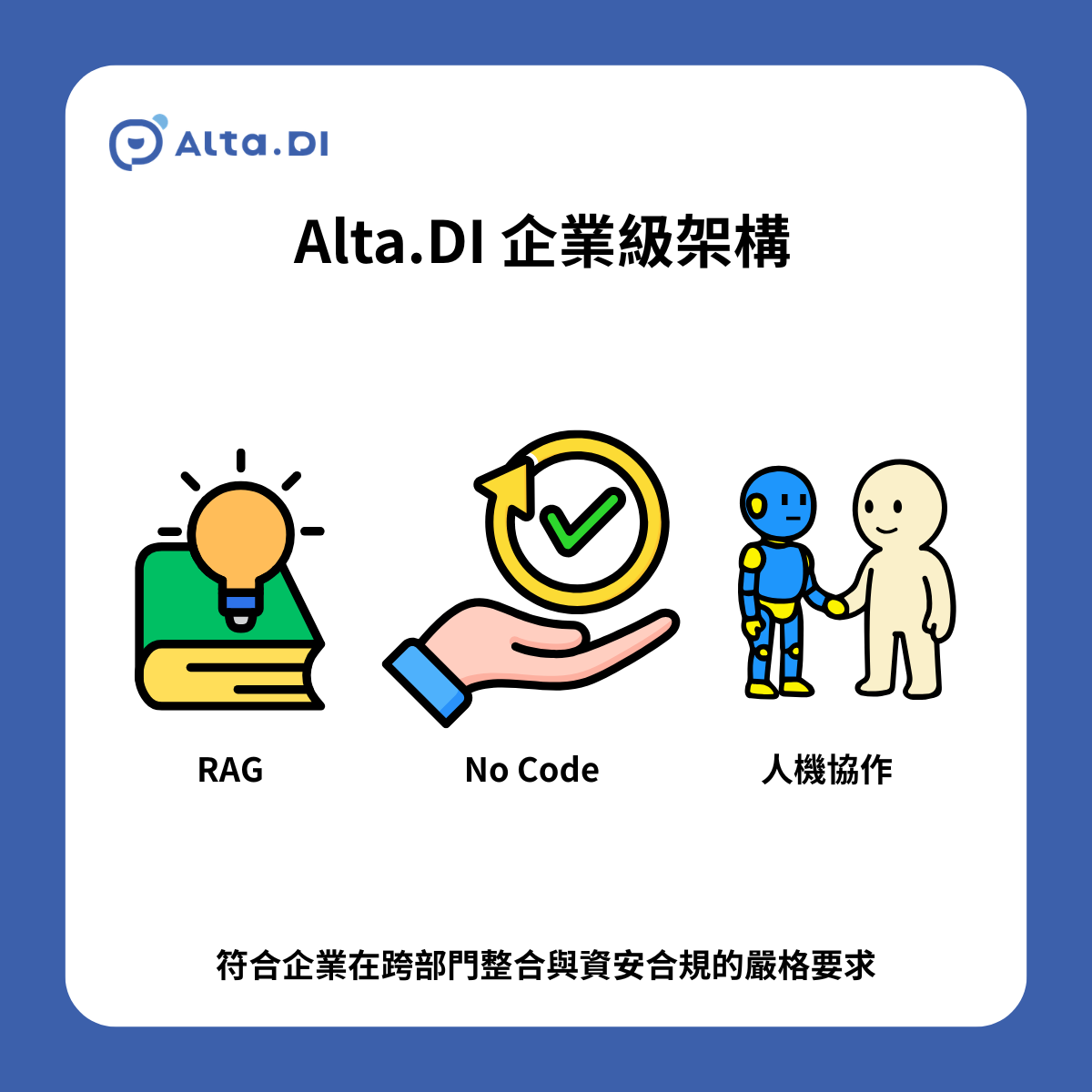 針對大型企業在跨部門整合與資安合規的嚴格要求，Alta.DI 提出了模組化的企業級架構
