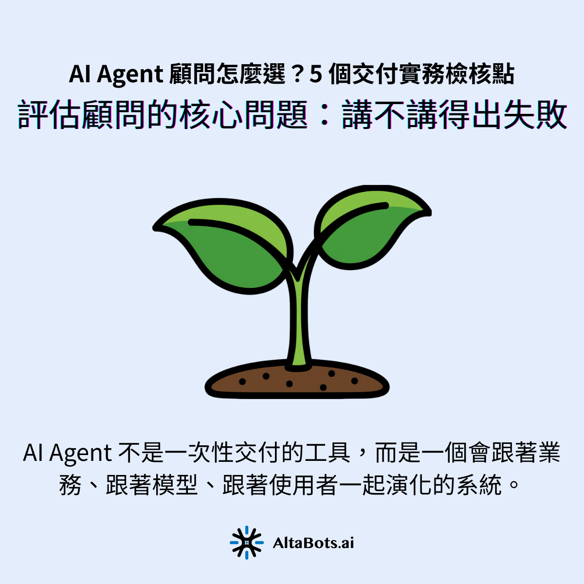 AI Agent 不是一次性交付的工具,而是一個會跟著業務、跟著模型、跟著使用者一起演化的系統。你採購的,本質上是顧問接下來六個月、一年要陪你跑的能力,不是當下的那一場簡報。