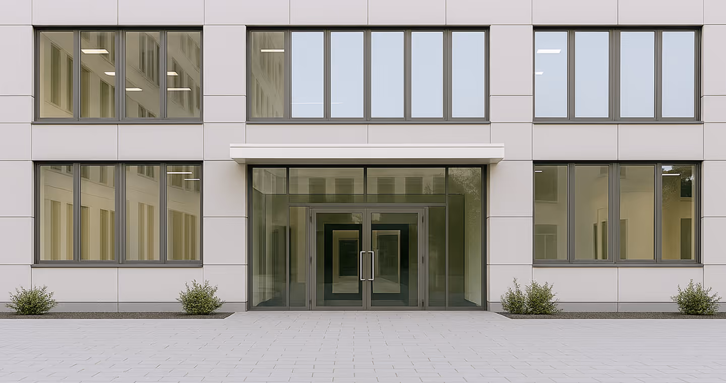 Fassade von einem Bürogebäude - gereinigt von Dominal Gebäudeservice