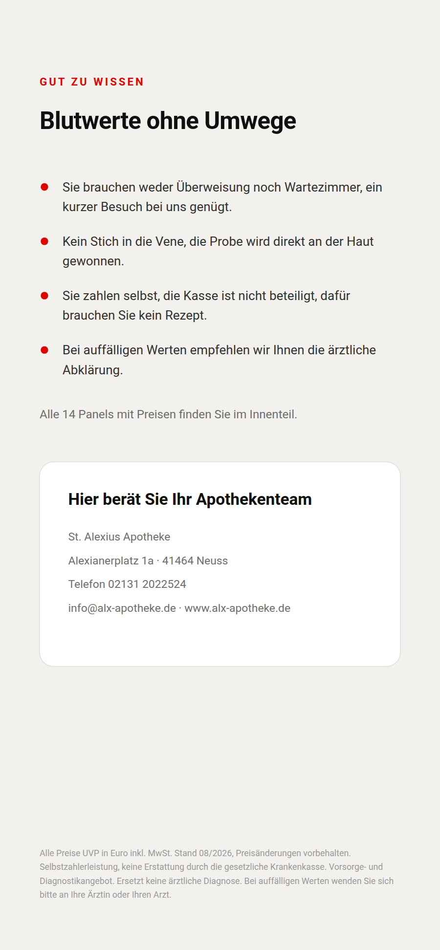 Preisflyer Rückseite mit den Kontaktdaten der St. Alexius Apotheke