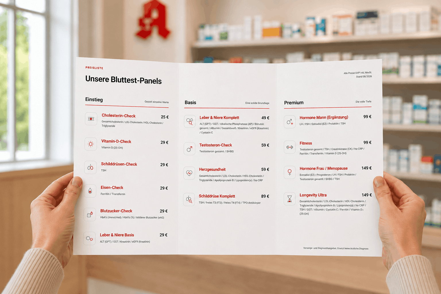 Aufgeklappter Preisflyer der St. Alexius Apotheke mit der Preisliste