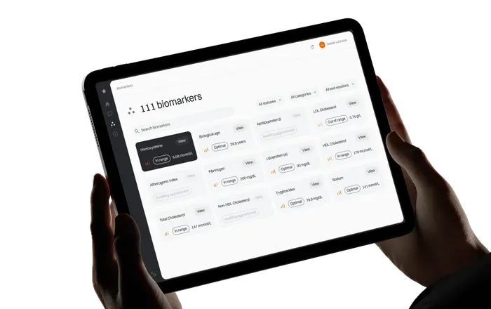 The Aniva dashboard on a tablet, listing tested biomarkers