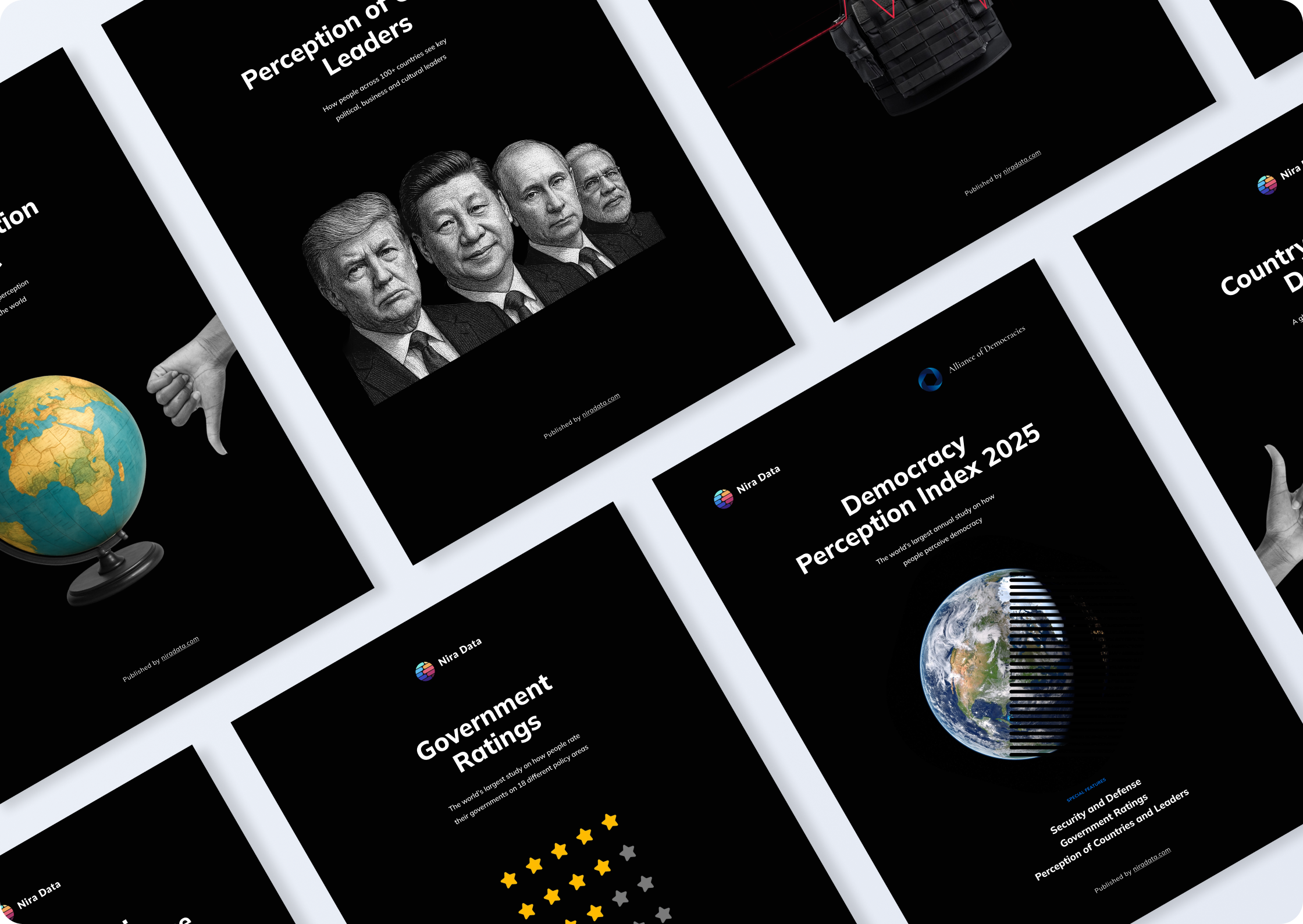 Multiple digital report covers on democracy, government ratings, and leaders, featuring images of globe, stars, and political figures on black backgrounds.