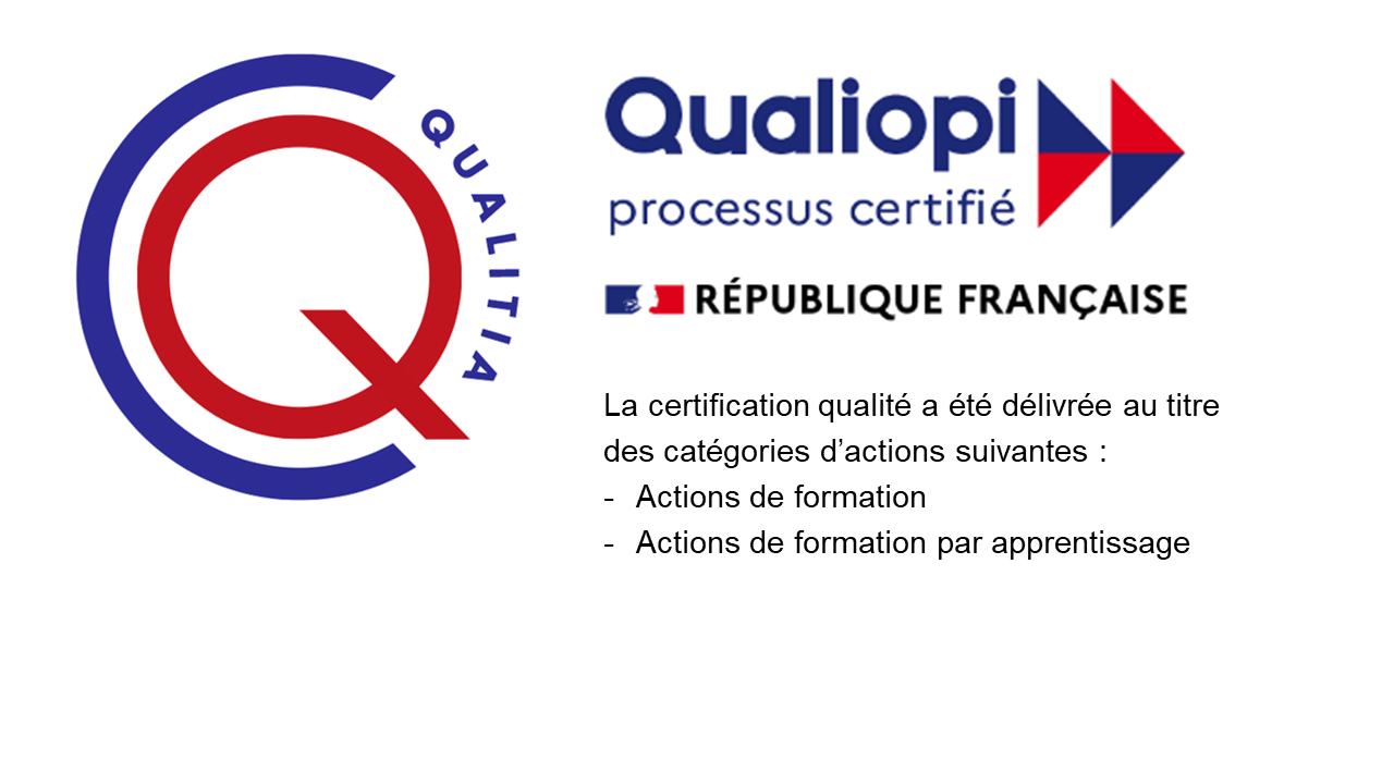 Qualiopi, processus certifié, République française. La certification qualité a été délivrée au titre des catégories d'action suivantes : - Actions de formation - Actions de formation par apprentissage.
