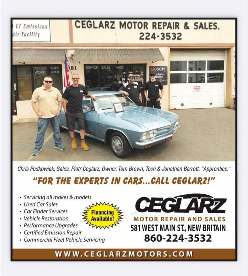 The Ceglarz Motor Repair & Sales storefront ad: Chris Podkowiak, Piotr Ceglarz, Tom Brown, and Jonathan Barrett posing with a light blue classic Chevrolet Corvair in front of the shop, above a list of services and contact details.