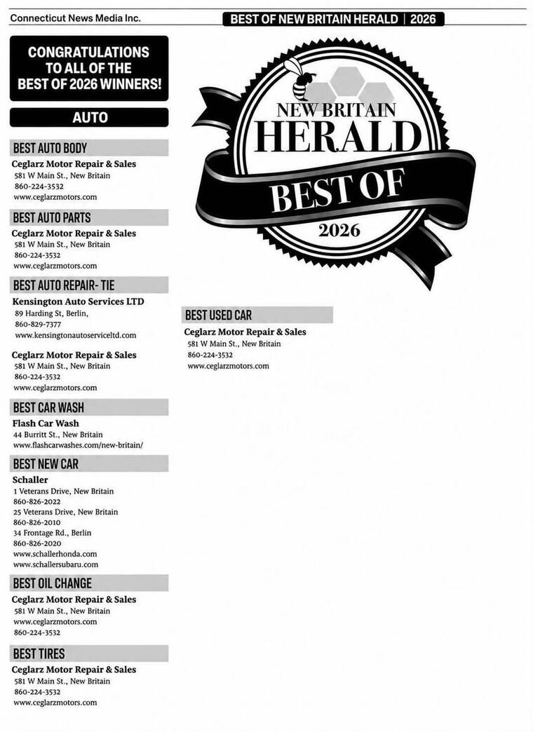 Best of New Britain Herald 2026 results page listing Ceglarz Motor Repair & Sales as winner of Best Auto Body, Best Auto Parts, Best Auto Repair (tie), Best Oil Change, Best Tires, and Best Used Car.
