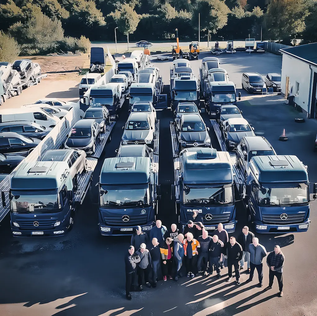 Mitarbeiterteam von Elbar-Trans vor Fahrzeugtransportern