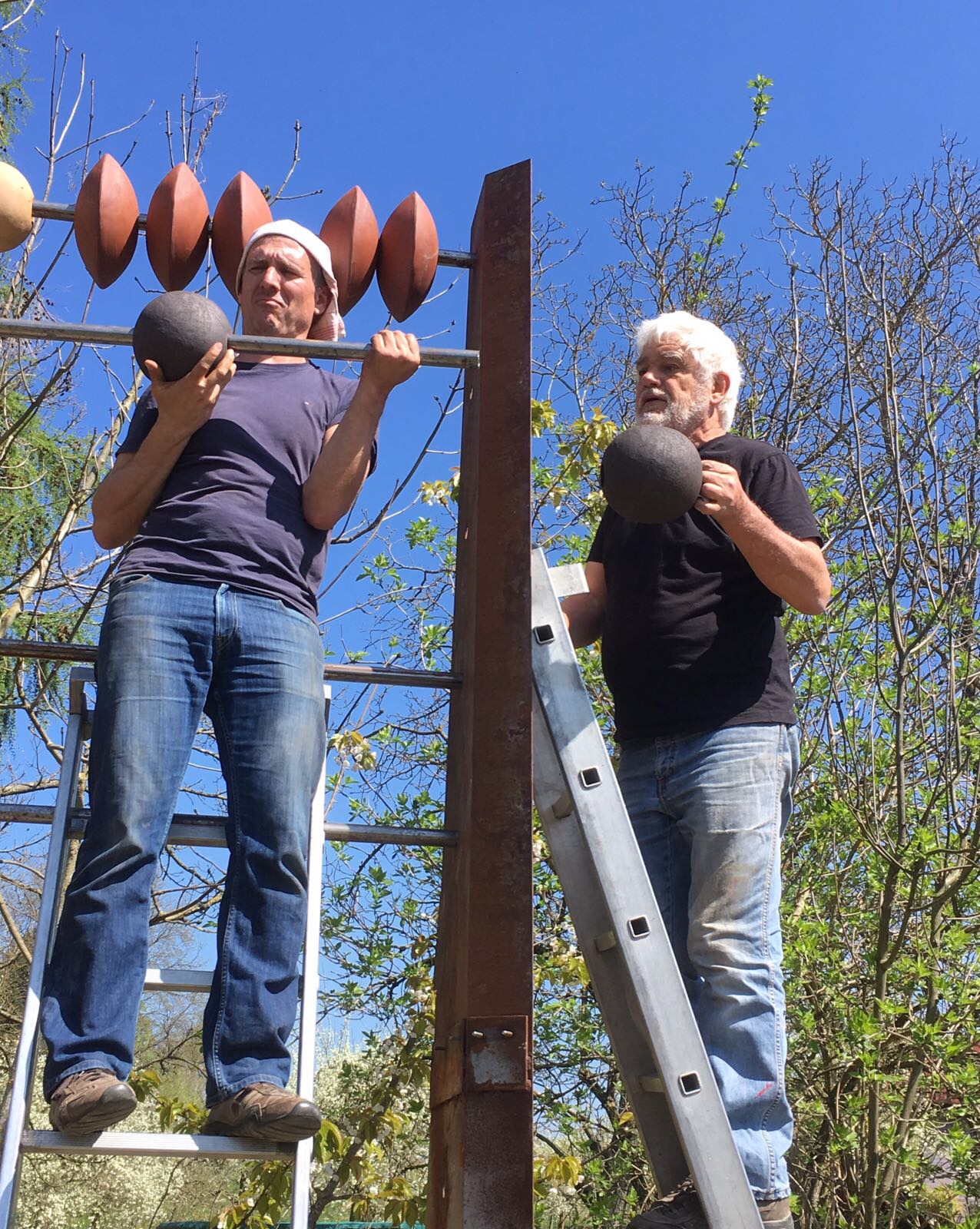 Zwei Männer stehen auf Leitern im Freien und halten schwere Kugeln, umgeben von Bäumen unter blauem Himmel.