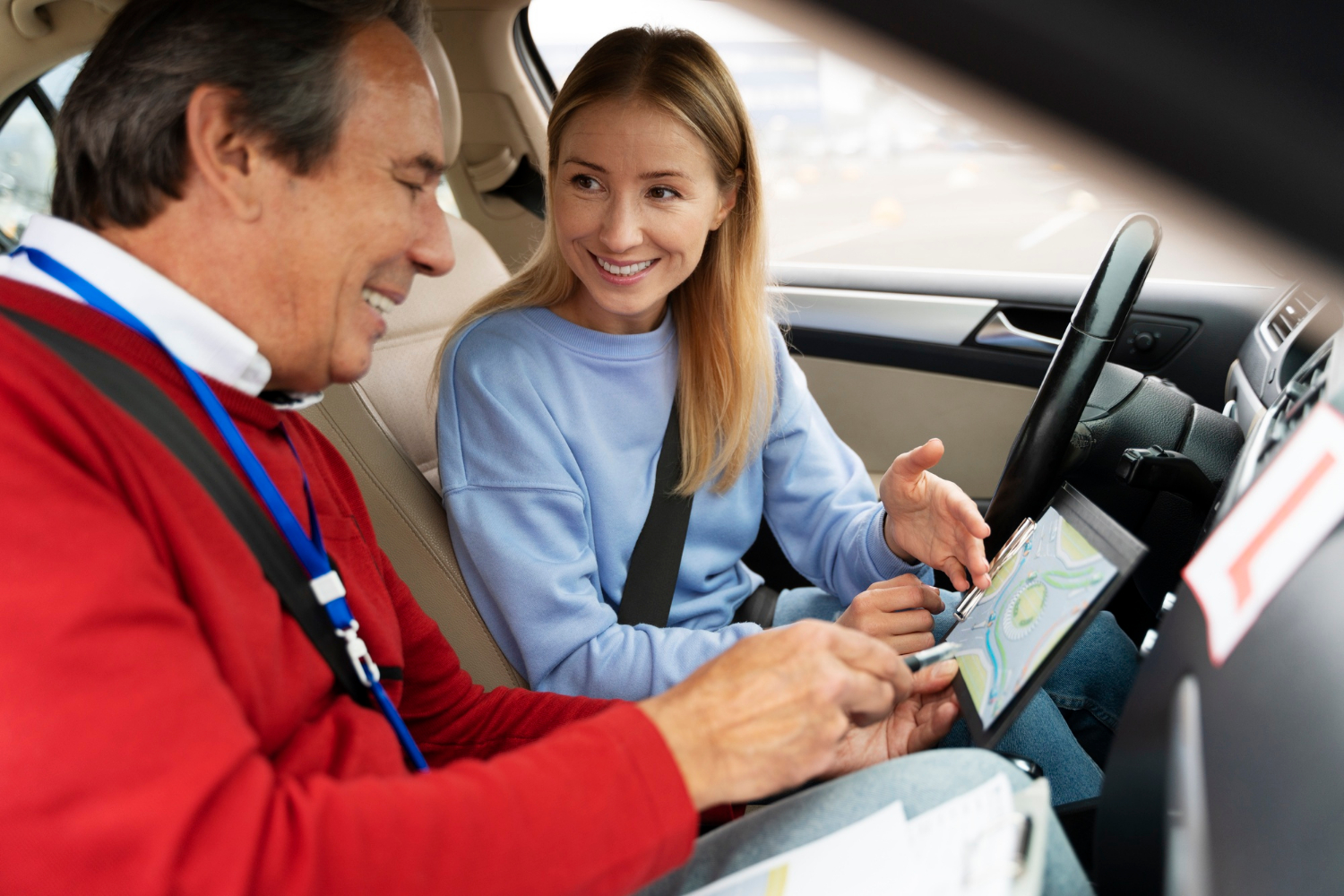 Élève en leçon de conduite avec son moniteur, souriants dans une voiture, étudiant un plan de circulation lors d’une formation au permis B.
