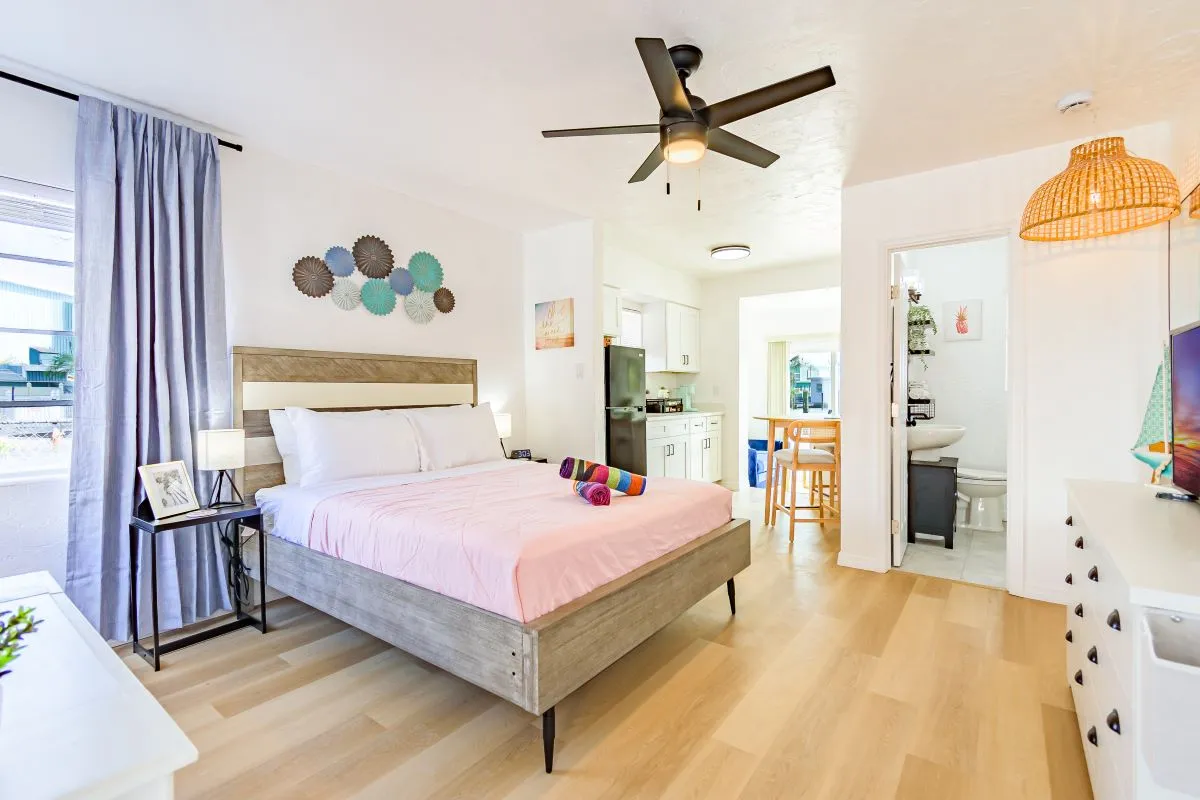 Bedroom area of a Clearwater Beach rental with seating