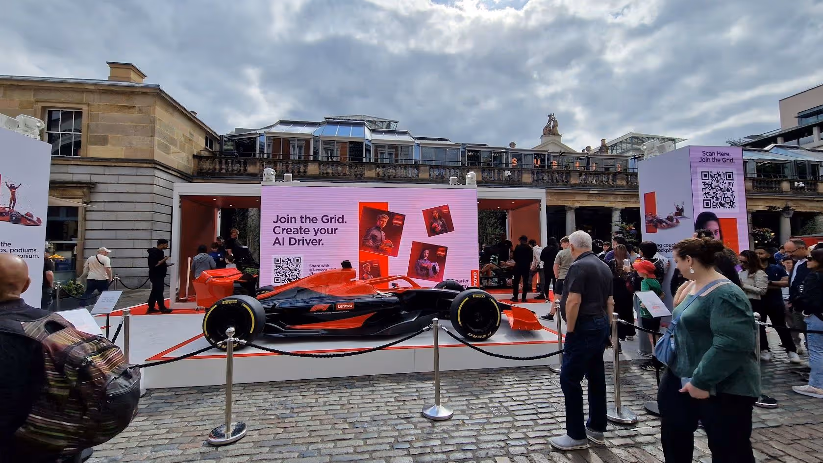 F1 Fan Zone activation in Covent Garden London featuring Lenovo AI experience