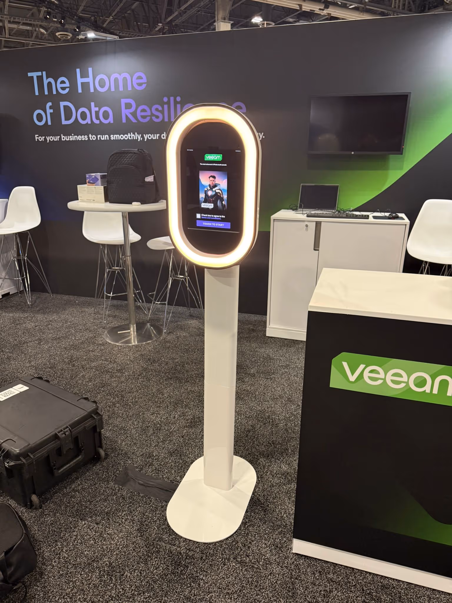 Professional AI Photo Booth station at the Las Vegas Convention Center (LVCC), helping a trade show booth drive lead generation through personalized AI-generated digital souvenirs