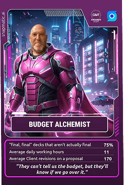 Personalized AI-generated collectible card featuring custom event statistics and a stylized avatar, demonstrating the high-fidelity output of AI photo booth technology for C&IT awards evening brand experiences.