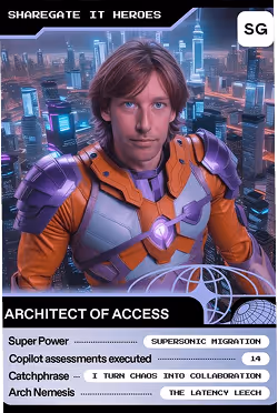 A digital trading card featuring an AI-transformed portrait of a person as a futuristic character, complete with custom branding, power levels, and a sleek holographic design. Build for the Sharegate Stand in Las Vegas