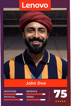 Personalized sports-themed AI trading card for an Lenovo FIFA partnership activation, featuring a custom character portrait and player-style skill ratings.