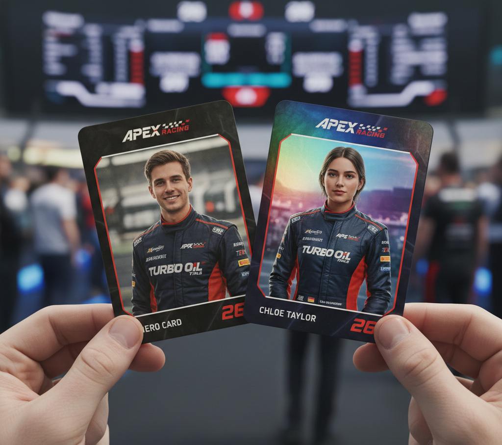 Hands holding two personalized AI Driver Cards by Snapmatic.ai, showcasing a high-value sports brand activation with high-fidelity sponsor logos and professional trading card design for fan engagement.
