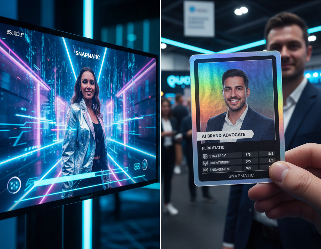 Hyper-personalized brand activation in a live event environment featuring a large screen displaying brand-safe AI video and a hand holding a custom holographic trading card with guest statistics, showcasing Snapmatic's 2026 photo booth technology for UK an