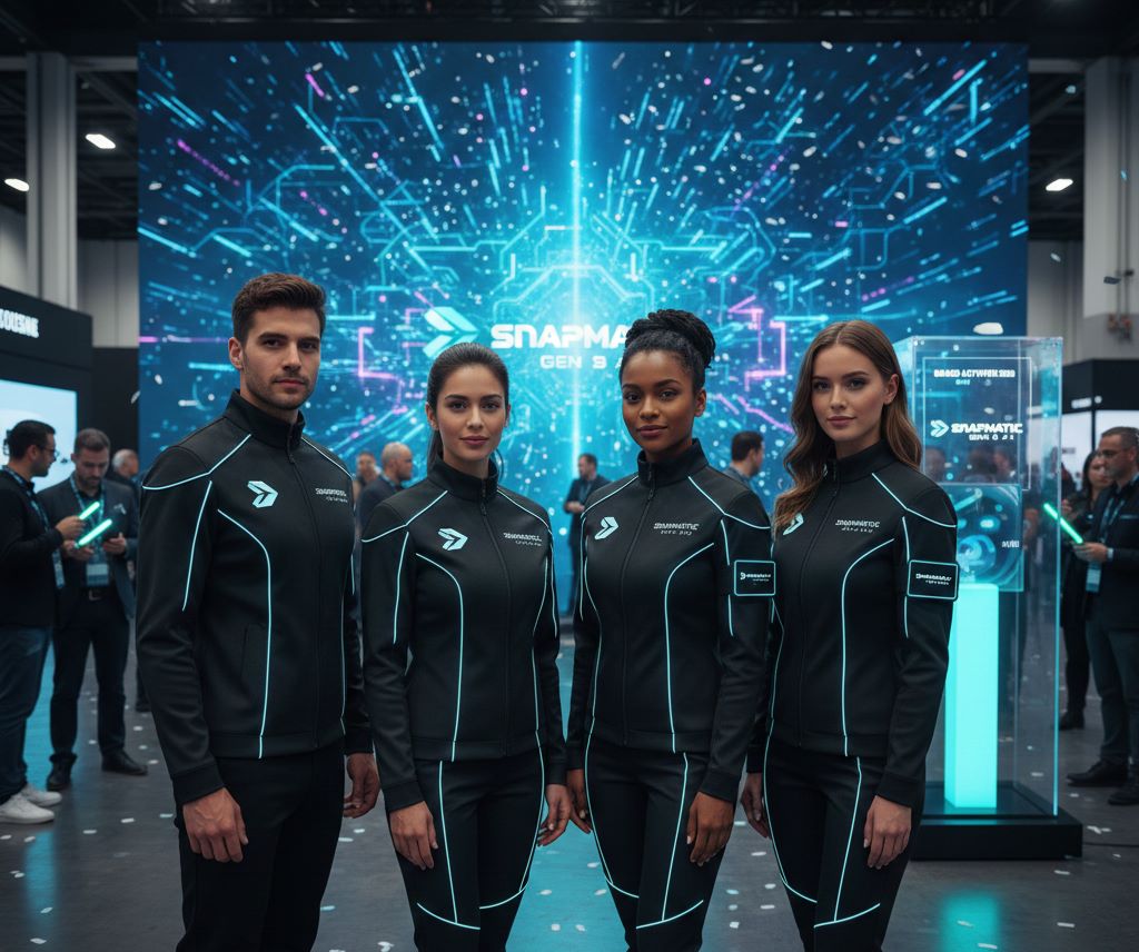 A three-panel triptych showcasing Snapmatic's Gen 3 AI workflow for brand activations, featuring high-fidelity logo integration on futuristic apparel, consistent green staff uniforms at a trade show, and a group of people in branded blue event t-shirts demonstrating stable AI group transformations.